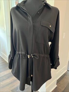 Truth Black Drawstring Shirt Jacket with Gold Snaps
